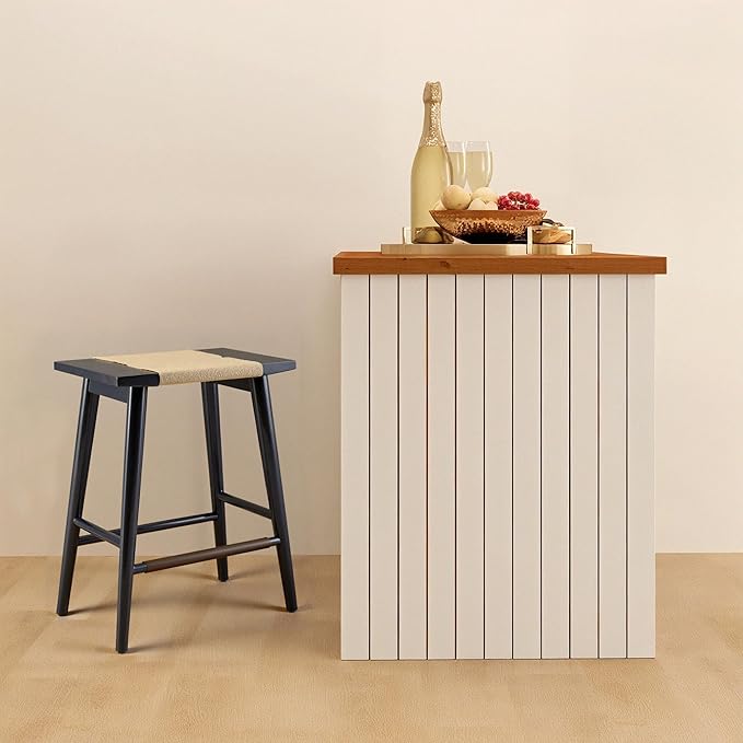 Thor Wicker Premium Solid Wood Counter Stool 24", Set of 2, Backless Counter Height Seating with Hand-Knitted Rope, Eco-Friendly Modern Design (Midnight Charcoal)