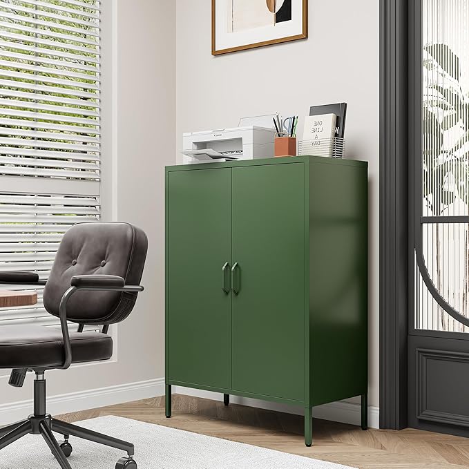 Green Metal Locker Cabinet with 2 Doors, Metal Accent Cabinets with 2 Adjustable Shelves Home Office Storage Lockers Sideboard for Kitchen Living Room Hallway Entryway