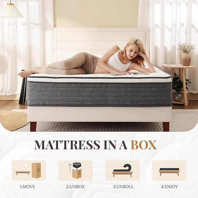 CH CHARME HOUSE King Size Mattress, 12 Inch Hybrid Mattress King Size, Medium Feel Foam and Individual Pocket Springs, Extra Edge Support, Pressure Relief, CertiPUR-US