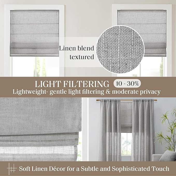 Madison Park Kyler Cordless Roman Shades - Single Panel, Lightweight Linen Blend Fabric, Natural Design, Easy Installation, Light Filtering Window Blind, Bedroom, Living Room Decor 34" W x 64" H Grey