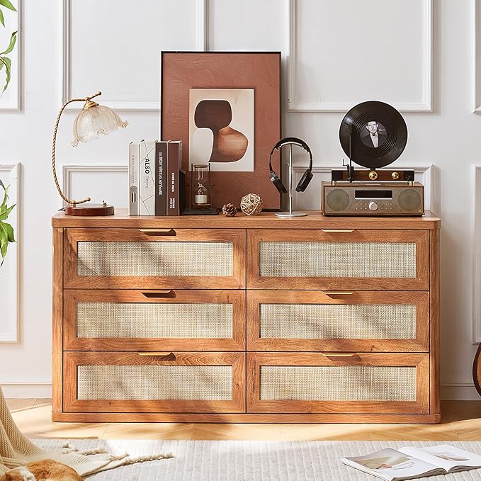LEYAOYAO Rattan 6 Drawer Dresser for Bedroom Set of 2, 54" Wide Boho Chest of Drawers, Wooden Dressers TV Stand with Metal Handle, Storage Closet Organizer for Living Room, Hallway, Tea Brown