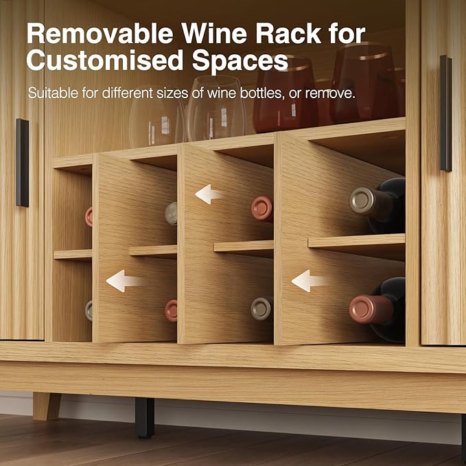 Fluted Buffet Cabinet with Storage, Modern Coffee Bar Cabinet with Outlet, Wine Rack, Cup Holder, Multi-Functional Accent Liquor Cabinet for Living Room, Entryway, Kitchen, Wood