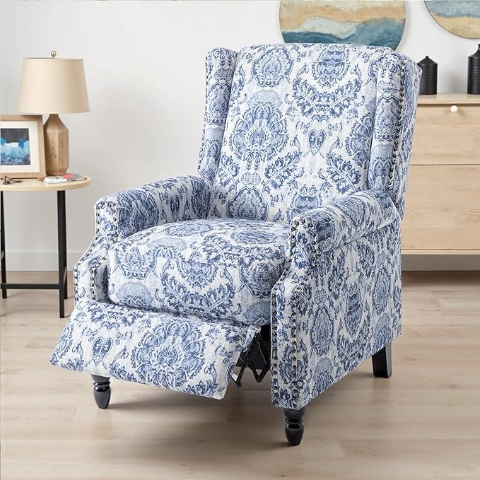 UIXE Pushback Floral Recliner Chair, Fabric Upholstered Armchair Push Back Accent Chair for Living Room, Rivet Trim Club Chair Home Theater Single Sofa Bedroom Reading Seat - Navy