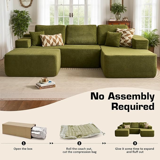 106" Cloud Sectional Couch with L-Shape Chaise & Ottoman, No Assembly Modular Sofa, Deep Seat Corduroy Boneless Couched for Living Room (Green Cloudy Velvet, Right Facing Chaise with Ottoman)