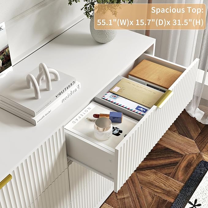 6 Drawers Fluted Dresser for Bedroom, 55" Wide Wooden Dresser with Deep Drawers, Large Floor Chest of Drawers, Modern Long TV Stand, Storage Cabinet Side Table, White