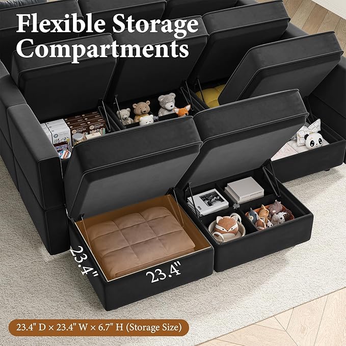 Vesgantti Sectional Sleeper Sofas with Storage, 92" Sofa Bed with 6 Seats Storage Chaises Removeble Cover, Deep Seat Modular Couches Velvet Couch Set for Living Room, Apartment, Home Theatre, Black
