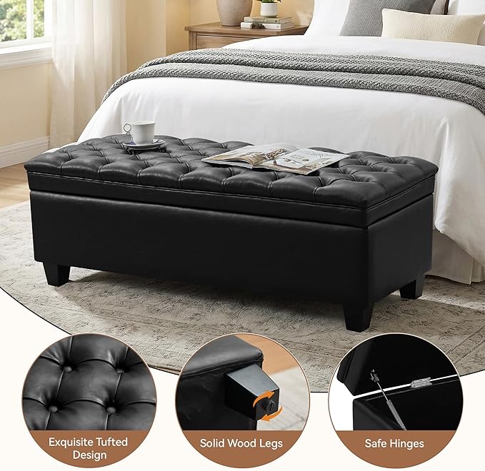 50" Faux Leather Storage Ottoman Bench, Rectangular End of Bed Storage Bench, Upholstered Large Tufted Ottoman with Storage for Living Room, Bedroom, Entryway,Black