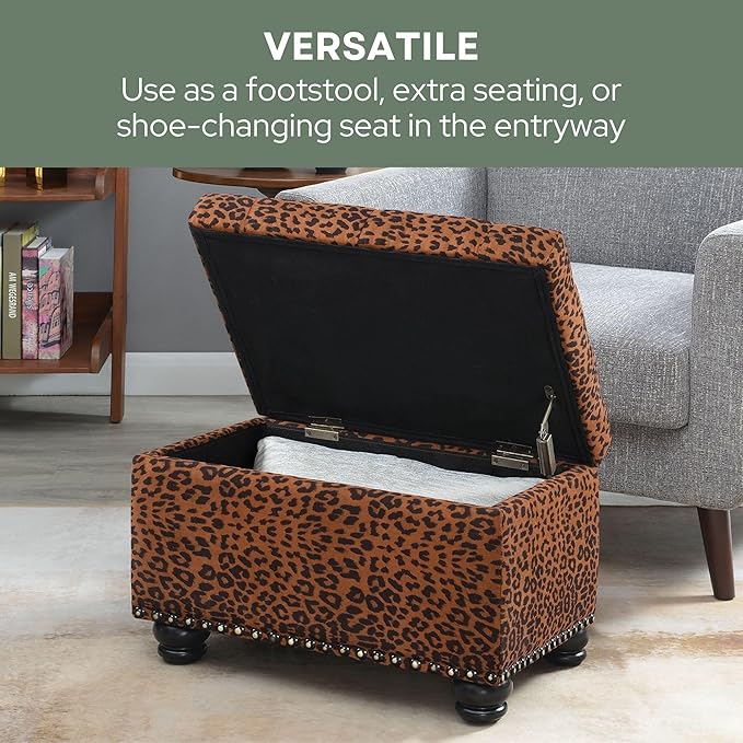 Convenience Concepts Designs4Comfort 5th Avenue Upholstered Storage Ottoman 24" - Contemporary Foot Stool and Seat with Hinged Lid for Living Room, Dining Room, Office, Forest Leopard Print Fabric