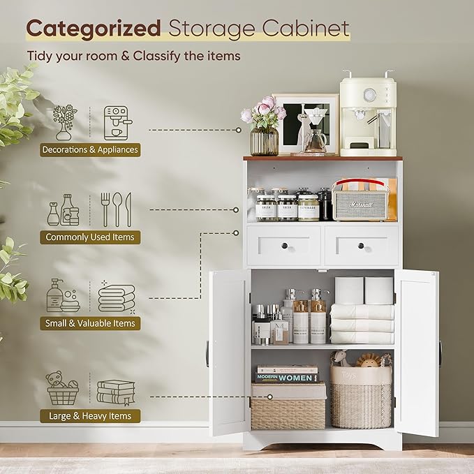 SUPER DEAL Farmhouse Storage Cabinet, Bathroom Floor Cabinet Kitchen Pantry with Doors and Drawers, Hutch Cupboard for Laundry, Living Room, Bedroom, White