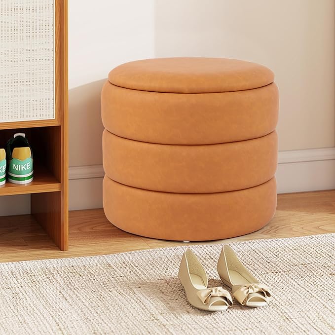 DAGONHIL Round Ottoman with Storage, PU Leather Footrest, Hidden Storage Ottoman Stool,Vanity Stool for Bedroom, Living Room, Entryway, Brown