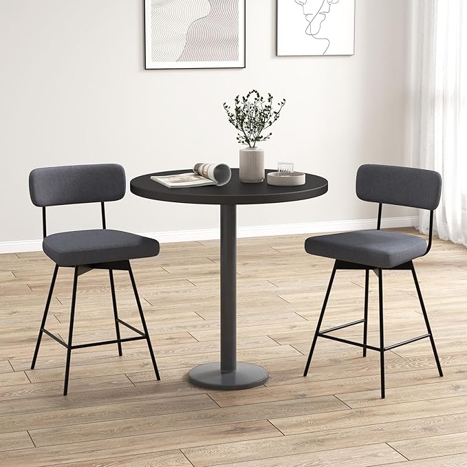 COSTWAY Bar Stools Set of 2, 25” Upholstered Counter Height Bar Stools with Back, 360° Swivel Dining Chairs with Heavy-Duty Metal Legs and Footrests, for Kitchen Island, Dining Room, Bar (2, Grey)
