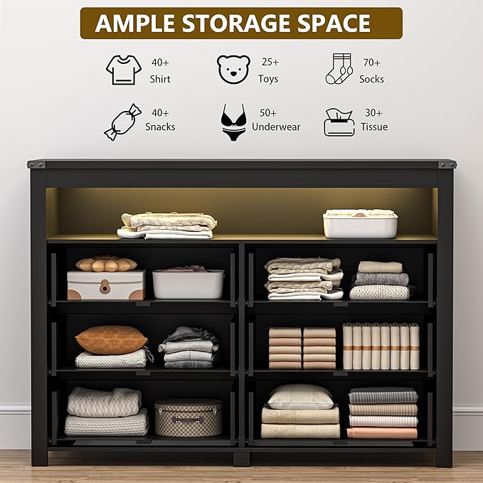 Dresser for Bedroom with 6 Drawers, Wide Chest of Drawers with LED Light and Power Outlet, Wooden Closet Organizer Clothes Storage Cabinet, Modern Double Dressers for Living Room, Hallway, Black