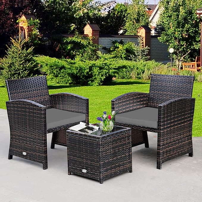 COSTWAY 3 Pieces Patio Furniture Sets, Outdoor Rattan Conversation Set with Tempered Glass Tabletop and Soft Cushion, Wicker Cushioned Chair Sofa for Backyard, Porch, Poolside, Lawn, Gray
