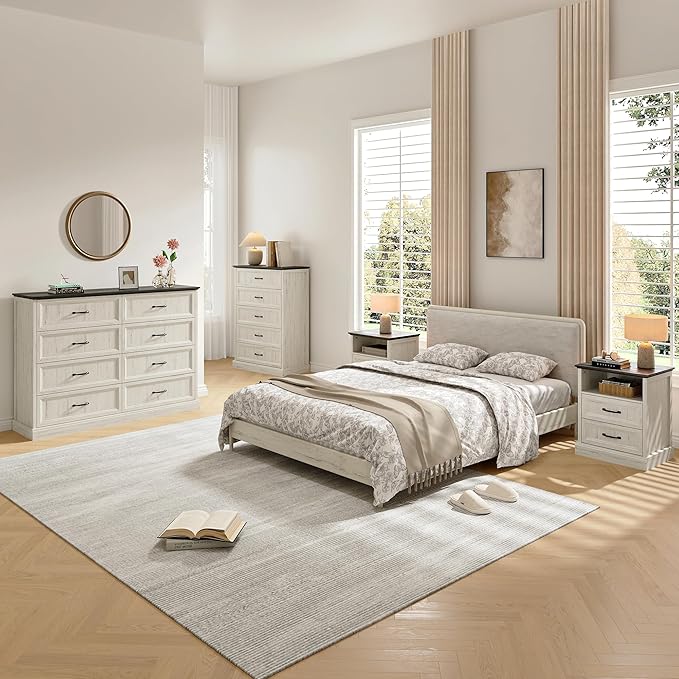 Farmhouse Dresser and Nightstand Sets, 4Pcs Bedroom Furniture Set, Nightstand Set of 2 & 55" Wide 8 Drawer and 44" Tall 5 Drawer Dresser with Large Drawers & Bar Handles, White