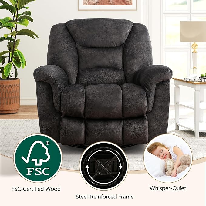 ANJ 2PCS Oversized Rocker Recliner Chairs Set, Manual 360° Swivel Recliners, Comfy Glider Rocking Chairs for Big Man, Extra Wide Overstuffed Reclining Chairs with Side Pocket for Living Room, Grey