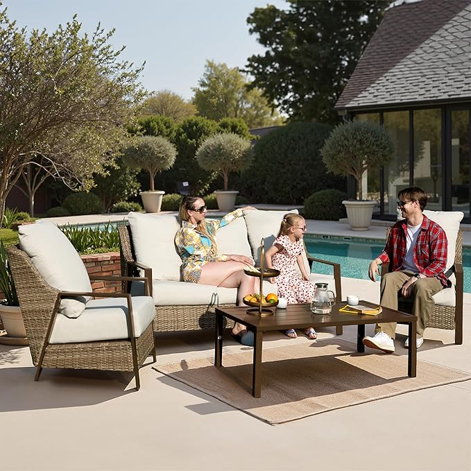 Outdoor Patio Furniture - 2 Pcs Armchair, All-Weather Wicker Outdoor Conversation Set with 4.72" Olefin Thick Cushions for Deck, Porch, Balcony, Backyard, Beige