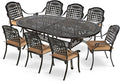 MEETWARM 9-Piece Patio Dining Set, All Weather Cast Aluminum Outdoor Dining Table Set with 1 Oval Table, 8 Chairs, 8 Cushions, 2" Umbrella Hole, Dark Bronze