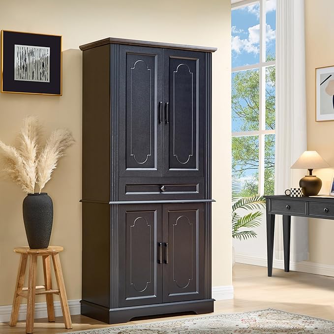 71" Black Tall Pantry Cabinet with Drawer and Adjustable Shelves, Modern Storage Cabinet with Doors, Kitchen Buffet Cabinet, Food Pantry Storage Cabinet, Coffee Bar, Living Room and Dining Room