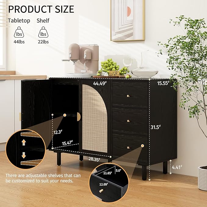 Black 2 Door 3 Drawer Rattan Cabinet, Accent Storage Cabinets with Cane Door, Stylish Boho Buffet Table with Storage,Black Rattan Cabinet Wood Credenza for Dining Room,Bathroom,Study,Kitchen