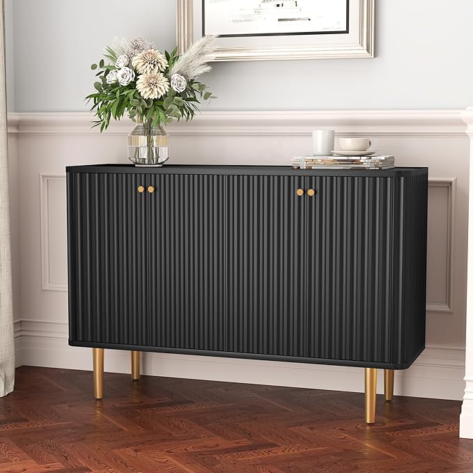 HLR Sideboard Buffet Cabinet, 48" Modern Accent Cabinet with 4 Door and Removable Shelves, Credenza with Storage for Living Room, Dinning Room, Entryway, Black