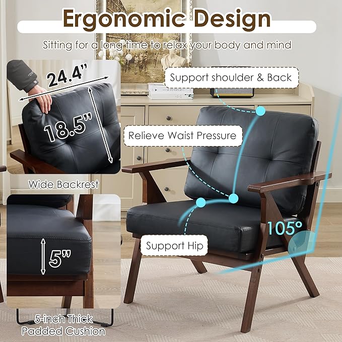 STHOUYN Black Leather Office Accent Chair with Wooden Arms, Office Lounge Chair, Mid Century Modern Chair, Side Arm Chairs for Living Room, Guest Waiting Room Chairs (1, Black)