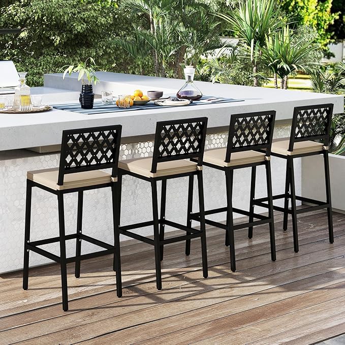 COSTWAY Outdoor Bar Chairs Set of 4, Armless Heavy-Duty Metal Frame Counter Height Chairs with Removable Cushions, Footrest, Ergonomic Backrest, Upholstered Barstools for Patio, Poolside, Backyard