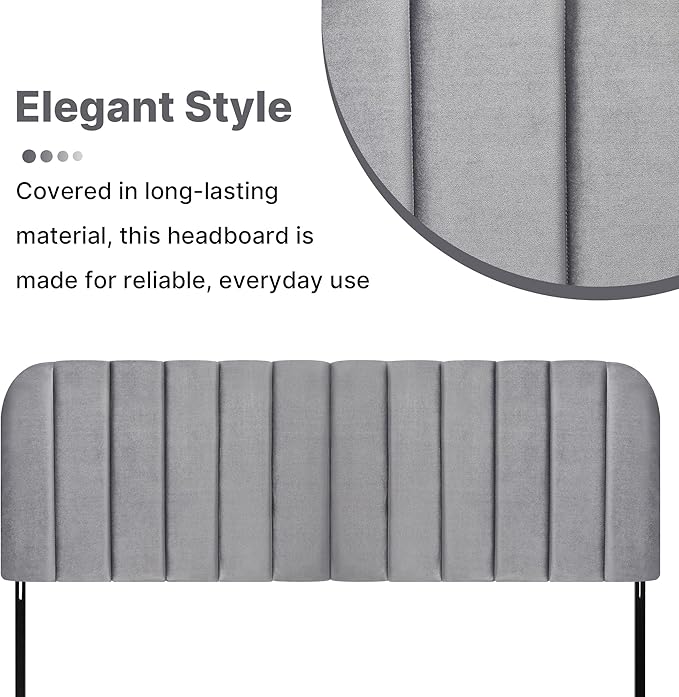 Upholstered Headboard - Striped Interval - Adjustable Height - Metal Legs - Bed Frame (Grey, King (U.S. Standard))