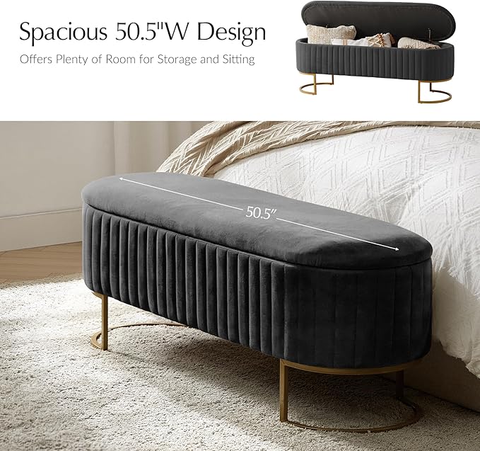 EcoHarbor Living 50.5" Storage Bench Velvet Bedroom Ottoman,Upholstered End of Bed Bench with Gold Legs,Flipping Lid Entryway Footrest, Grey
