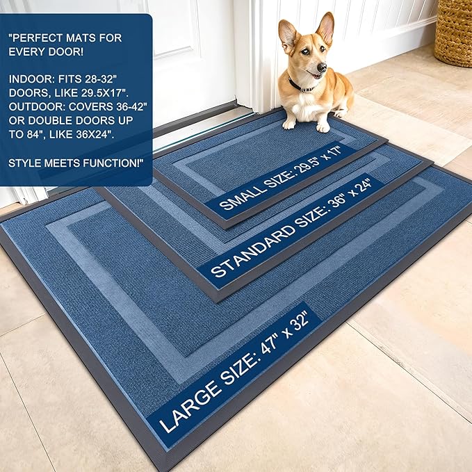 OLANLY Front Door Mat Indoor Outdoor Entrance, Waterproof All-Season, All-Weather Doormat, Sturdy Natural Rubber, Fade Resistant, Low Profile, Easy Clean Patio Porch Entryway Mat, 47x23, Light Blue