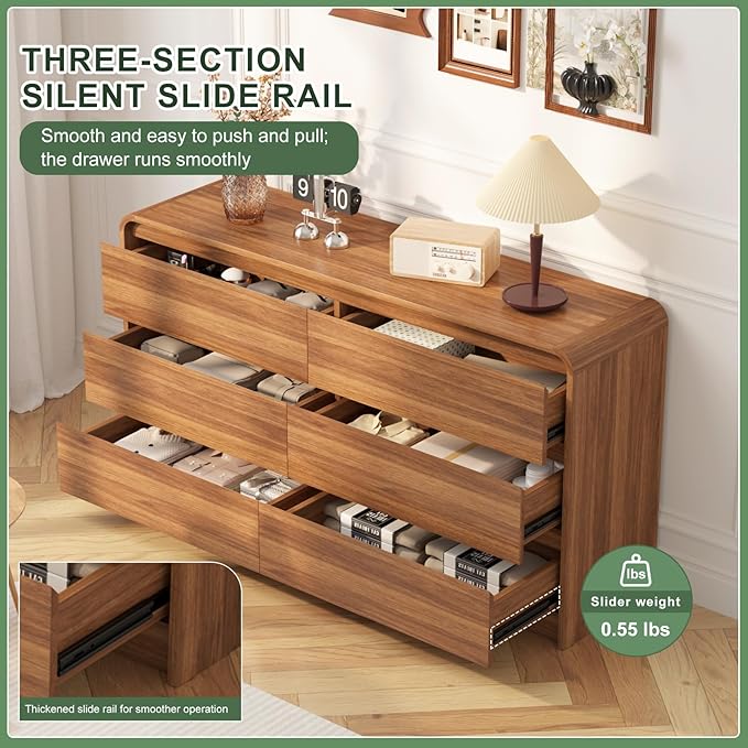 47 Inch Dresser For Bedroom 6 Drawer Wood Chest of Drawers - Curved Anti Collision, Mid Century Dresser For Closet with Natural Texture & Pre-Embedded Slots for TV Stand, Living Room, Nursery