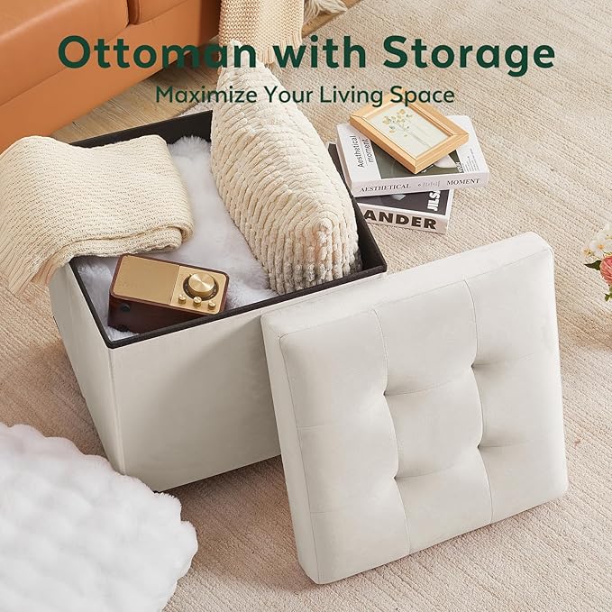 17.7" Ottoman with Storage, Square Storage Ottoman for Dorm, Velvet Ottomans with Legs for Living Room, Bedroom, White