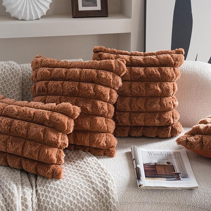 Neelvin Brown Faux Fur Cozy Soft Plaid Decorative Throw Pillow Covers 24x24 inch Set of 2,Velvet Pillowcase Cushion Case for Sofa Couch