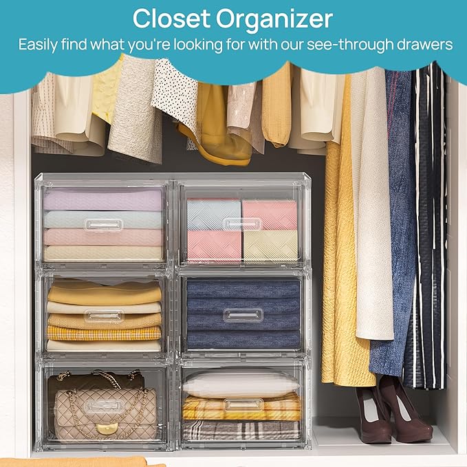 Vtopmart 9 Pack 18QT Clear Stackable Storage Drawers,Easily Assemble Closet Organizers,Plastic Storage Bins for Bathroom,Cabinet,Kitchen Pantry,Under Sink Organization(Medium)