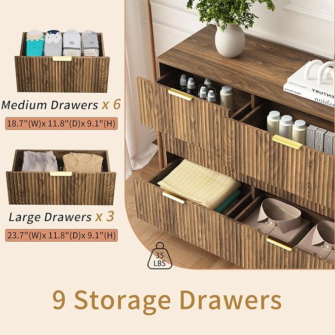 9 Drawer Dresser for Bedroom with Deep Drawers, 63" Wide Wood Dresser, Large Floor Chest of Drawers, Modern Long TV Stand, Mid Century Storage Cabinet Side Table, Natural
