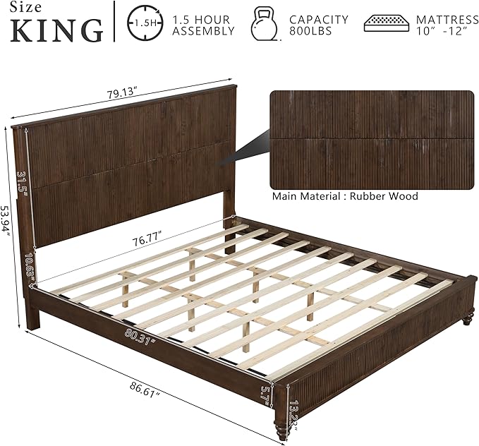 King Size Solid Wood Platform Bed Frame, Solid Wood Bed with 79.13" Headboard, Solid Wood Leg/No Box Spring Needed/Noise Free/Brown