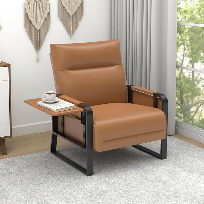 Upholstered Accent Chair, Modern Faux Leather Sofa Chair with Foldable Side Tray Table & Storage Pocket, Small Accent Sofa for Living Room, Bedroom, Reception Room, Brown