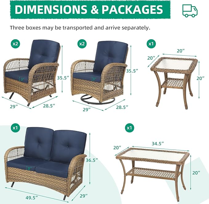 VIVIJASON 7-Piece Outdoor Patio Wicker Conversation Sets, All Weather Outdoor Rattan Furniture Set Includes Glider Loveseat, 2 Glider Rocker Chairs, 2 Swivel-Gliders Chairs, 2 Coffee Table, Navy Blue