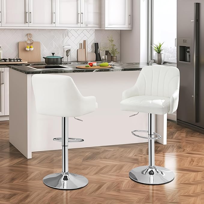 VECELO Bar Stools Set of 2, Adjustable Barstools, Counter Height Stools with Back and Arm, Kitchen Island Stools, Swivel PU Leather Stools, Modern Style, White