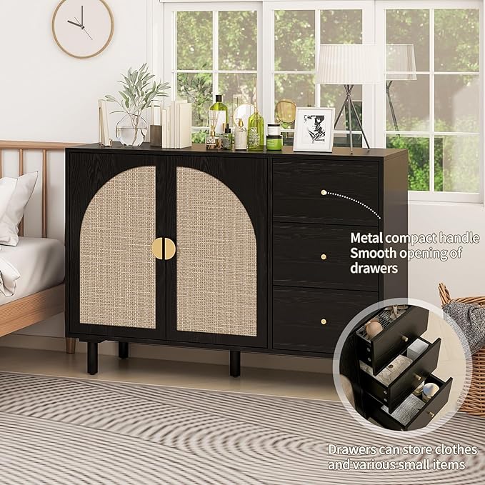 Black 2 Door 3 Drawer Rattan Cabinet, Accent Storage Cabinets with Cane Door, Stylish Boho Buffet Table with Storage,Black Rattan Cabinet Wood Credenza for Dining Room,Bathroom,Study,Kitchen