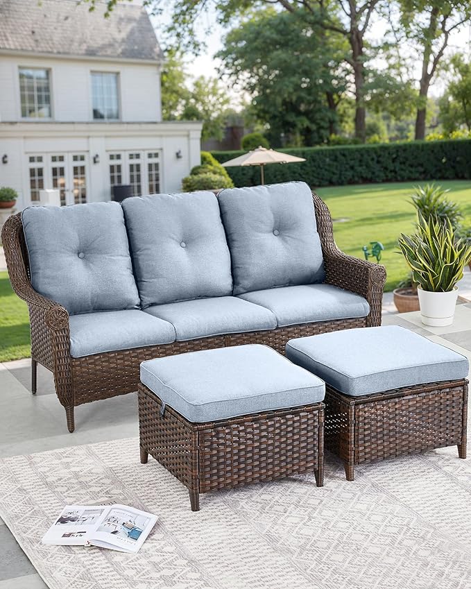 Patio Couch Outdoor Wicker Sofa - Heavy Duty All-Weather Brown Rattan 3-Seater with High Back and Comfortable Thick Cushions for Garden Back Porch Poolside Apartment - Baby Blue
