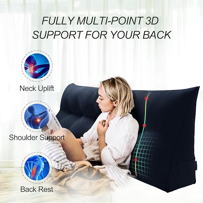 WOWMAX 85% Linen 15% Cotton Blend Headboard Pillow – Twin Size Reading Wedge Backrest for Bed, Handmade Firm Support Bolster Cushion with Removable Cover, Premium Bed Rest Pillow, Blue