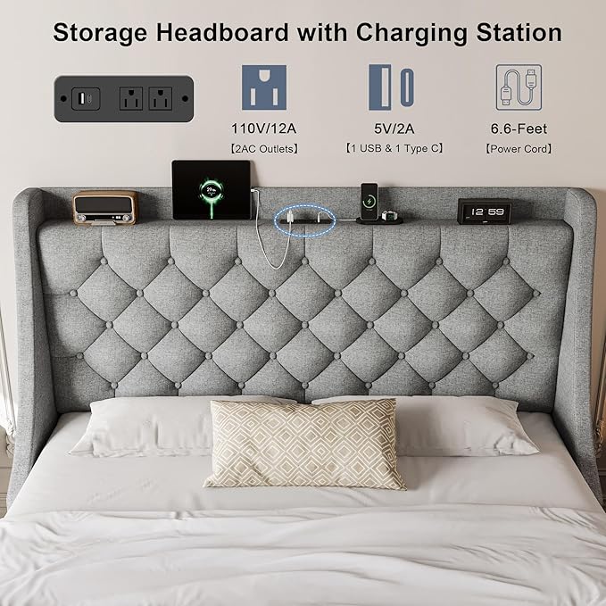 Full Size Upholstered Platform Bed Frame with 4 Storage Drawers and Charging Station, Linen Button Tufted Wingback Headboard, Sturdy Wooden Support Slats, No Box Spring Needed, Light Grey