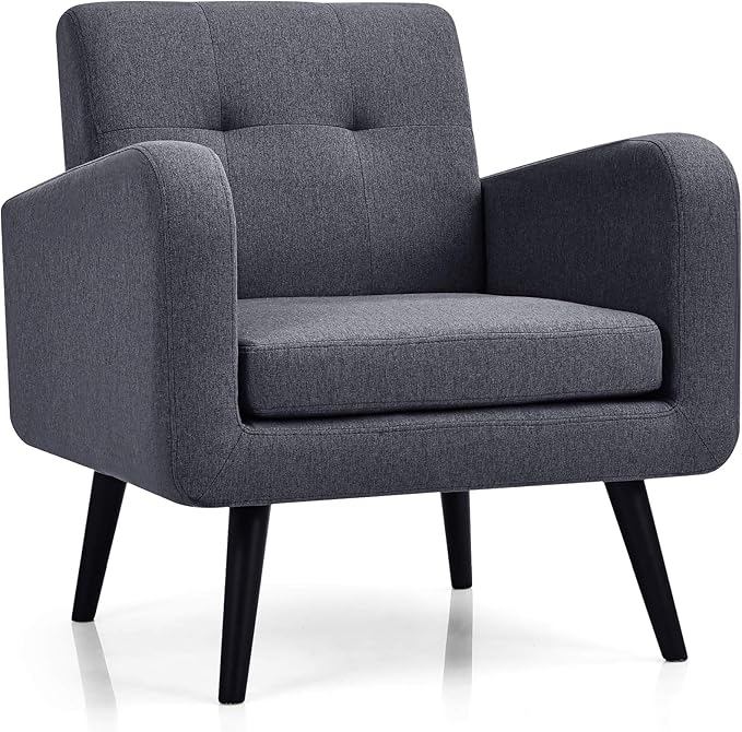 Giantex Upholstered Accent Chair, Modern Mid Century Linen Fabric Living Room Chair with Arms, Max Load 265 Lbs, Comfy Tufted Single Sofa for Reading, Bedroom, Office, Club, Grey