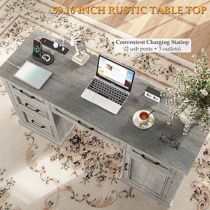 Farmhouse 59'' Executive Desk with Charging Station,Office Desks Computer Desk with 5 Drawers, Wood Workstation for Home Office and Study, File Drawers and Storage Cabinet, Grey