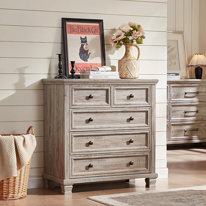 Farmhouse Bedroom Dresser and Nightstand Set of 4, 6 Drawer Low & 5 Drawers Dresser & 3 Drawer Nightstand Set with Wooden Legs, Rustic Wood Bedroom Furniture for Livingroom, Hallway, Grey