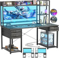 Aheaplus Desk with LED and Outlets, Gaming Desks with Hutch, 55.2'' Computer Desk with Drawers, Reversible Office Desk with Storage Bookshelf Large Workstation with Shelf, Desk for Home, Black Oak