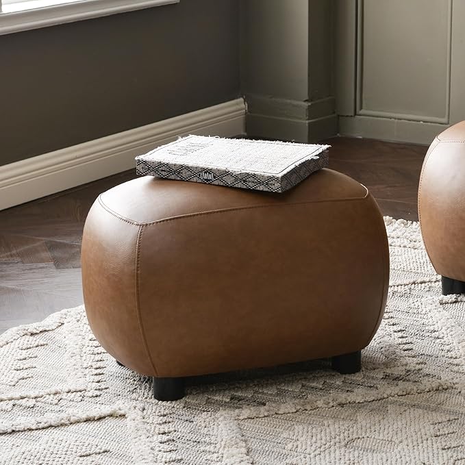 KINWELL 23" Wide Faux Leather Upholstered Ottoman, Mid-Century Modern Living Room Footrest with Soft Padded Seat, Footstool for Bedroom, Entryway or Living Room, Camel
