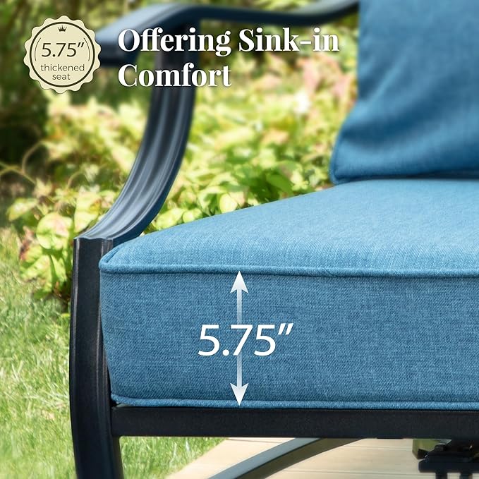 Patio Furniture Set, 4 Pcs Metal Outdoor Conversation Set, 2 Single Chairs and 3 Seater Sofa with 5.75" Extra Thick Cushion and Gas Fire Pit Table for Backyard Deck, Navy Blue