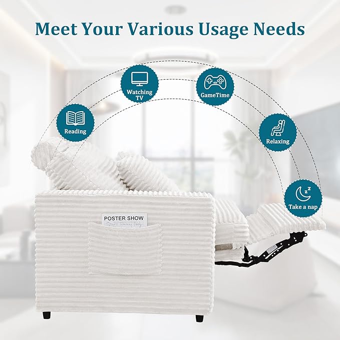 Power Reclining Sectional Sofa, Electric Loveseat Recliner with Storage Console and USB Ports, Plush Corduroy Fluffy Reclining Loveseat Couch Adjustable Headrest, 2 Seat Sofa for Living Room-White