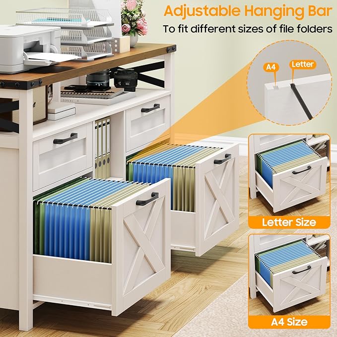 Filing Organization Storage Cabinets 4 Drawer with Adjustable Shelf, Lateral Filing Cabinet with Open Storage Shelf for Home Office, Farmhouse File Cabinets for Hanging Files Letter/A4.White
